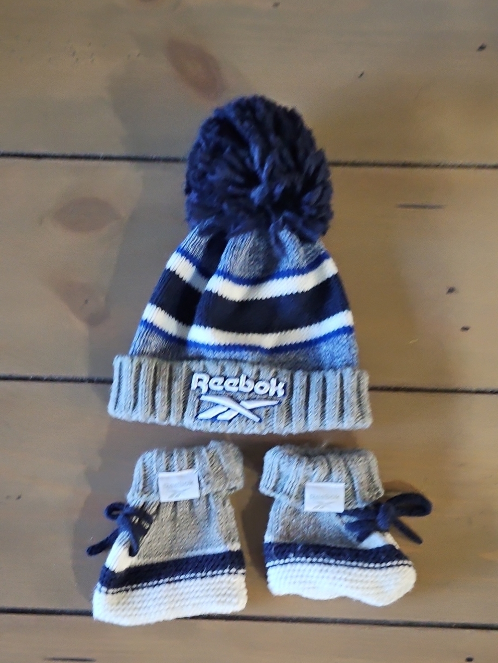 Reebok Kids Navy, Gray & White Pom Beanie with Matching Booties